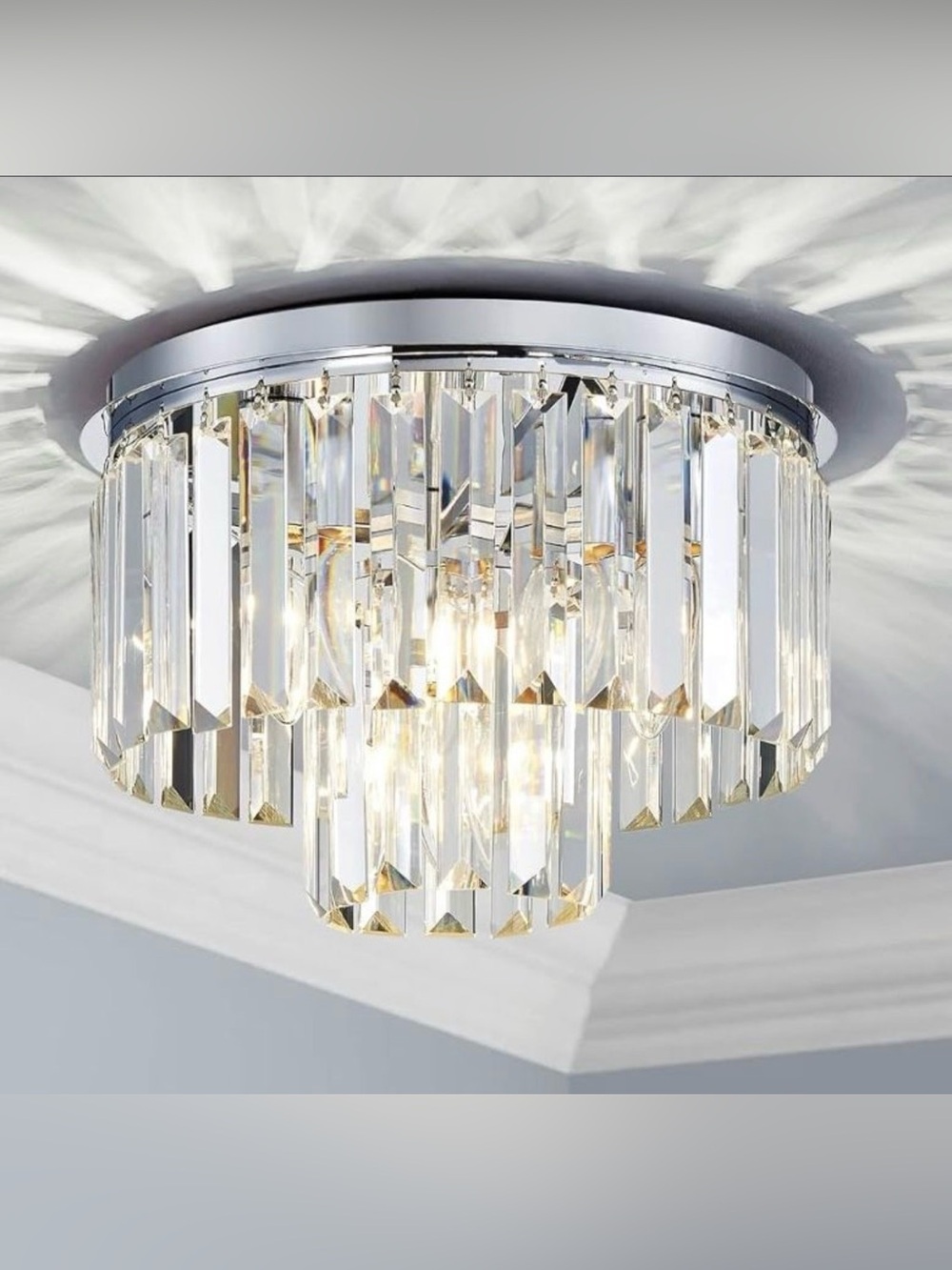 Crystal Semi Flush Ceiling Light, D12 x H8, E12 Base 3-Lights, Chrome Finish